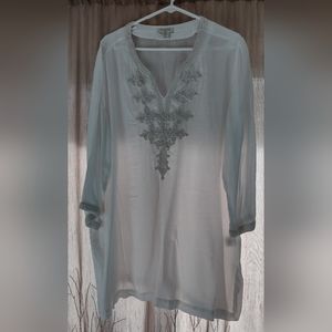 Saint Tropez West White Ivory Embroidered 3/4 Sleeve Tunic Top, 100% Viscose, XL